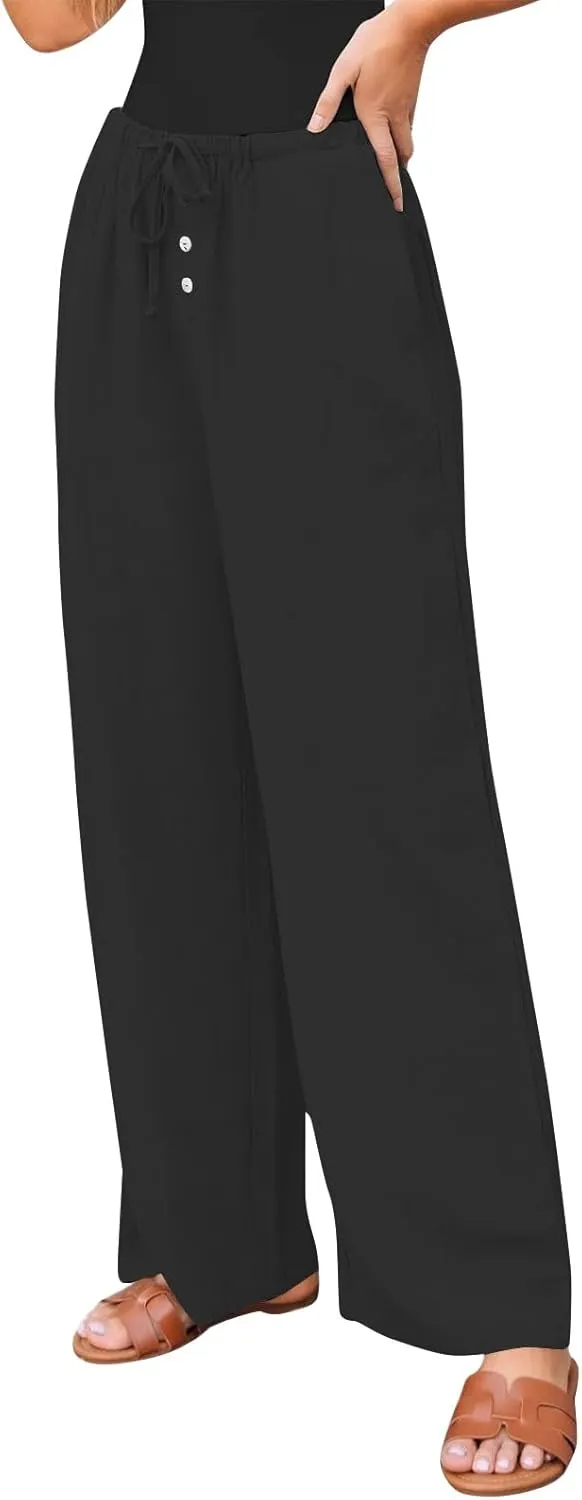 Wide Leg Linen Pants Women Drawstring High Waist Lightweight Palazzo Pants Lounge Boho Beach Flowy Trousers w/Pockets