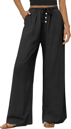 Wide Leg Linen Pants Women Drawstring High Waist Lightweight Palazzo Pants Lounge Boho Beach Flowy Trousers w/Pockets