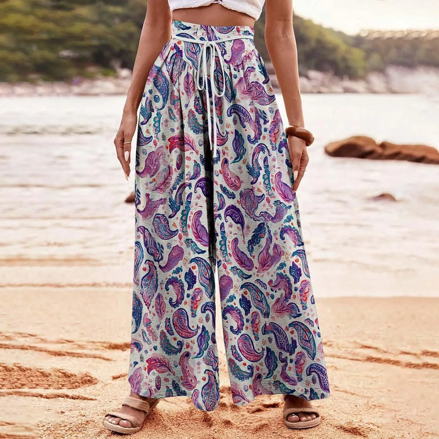 Wide Leg Pants for Women Vintage Floral Printed Casual Summer High Waisted Lounge Flowy Beach Palazzo Trousers