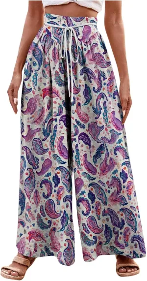 Wide Leg Pants for Women Vintage Floral Printed Casual Summer High Waisted Lounge Flowy Beach Palazzo Trousers