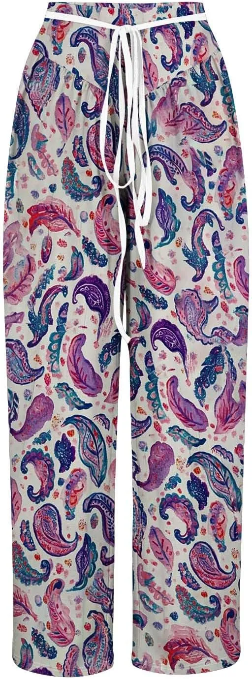 Wide Leg Pants for Women Vintage Floral Printed Casual Summer High Waisted Lounge Flowy Beach Palazzo Trousers