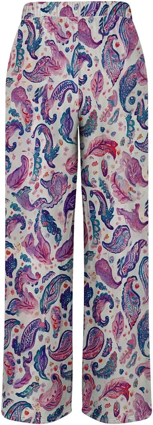 Wide Leg Pants for Women Vintage Floral Printed Casual Summer High Waisted Lounge Flowy Beach Palazzo Trousers