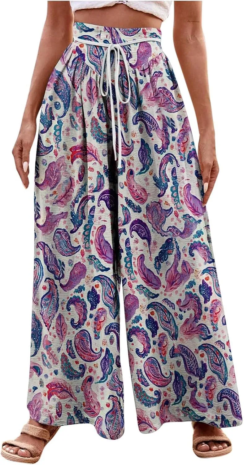 Wide Leg Pants for Women Vintage Floral Printed Casual Summer High Waisted Lounge Flowy Beach Palazzo Trousers