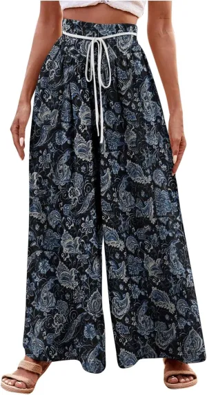 Wide Leg Pants for Women Vintage Floral Printed Casual Summer High Waisted Lounge Flowy Beach Palazzo Trousers
