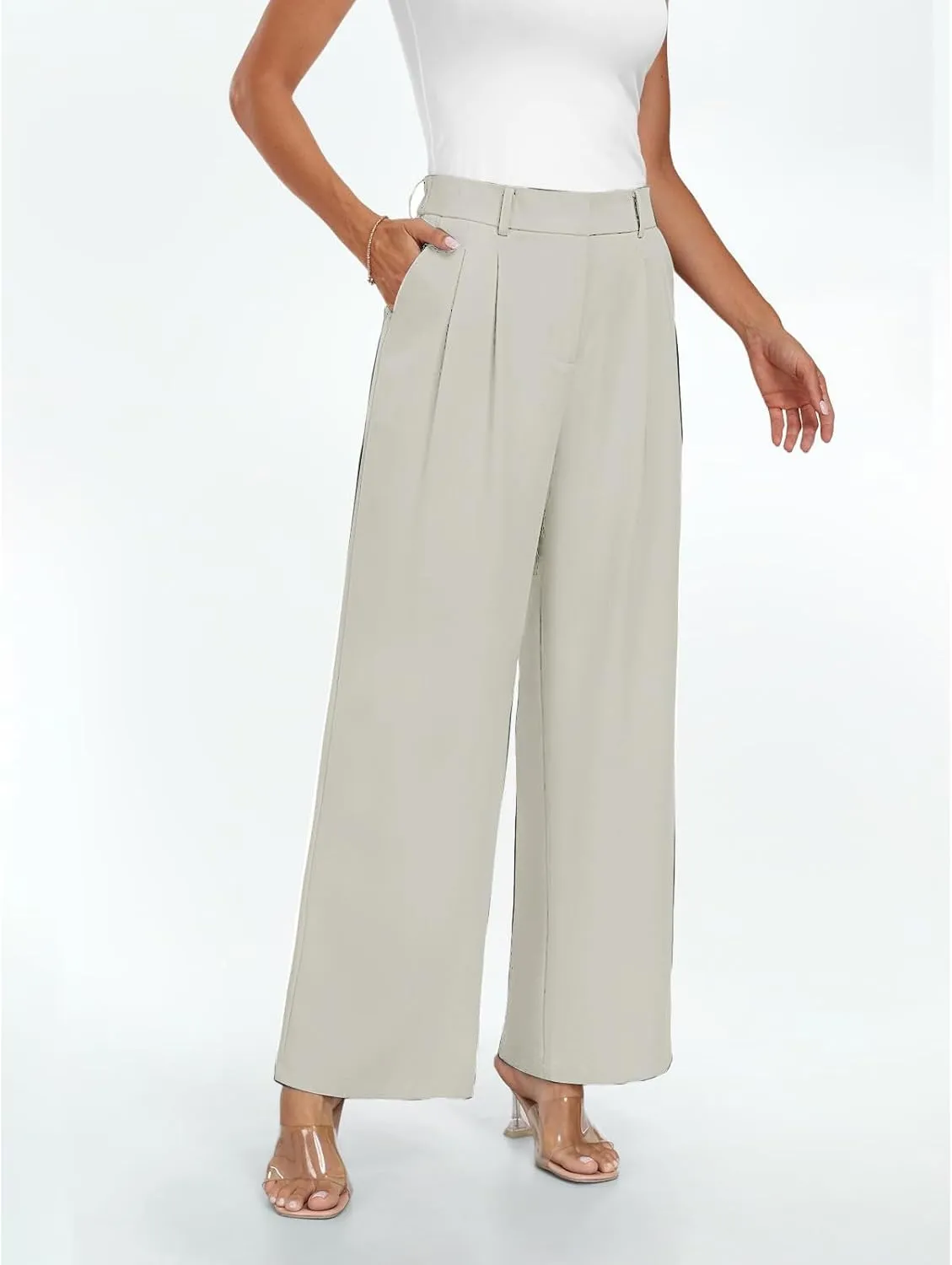 Wide Leg Work Pants for Women Fashion Comfortable Dress Pants High Waisted Business Casual Trousers with Pockets