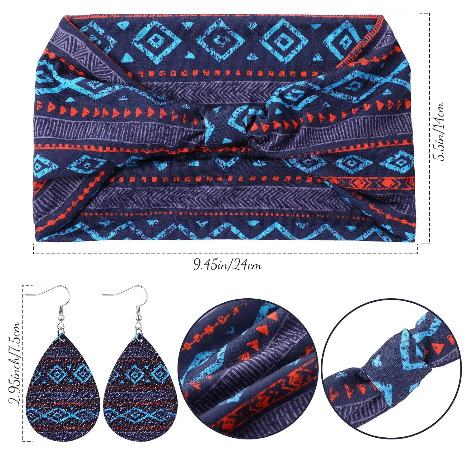 WILLBOND 4 Pcs African Headband with 4 Pcs African Faux Leather Earrings for Woman,African Boho Print Headband Head Wrap African Jewelry Sets for Women (Retro Pattern)