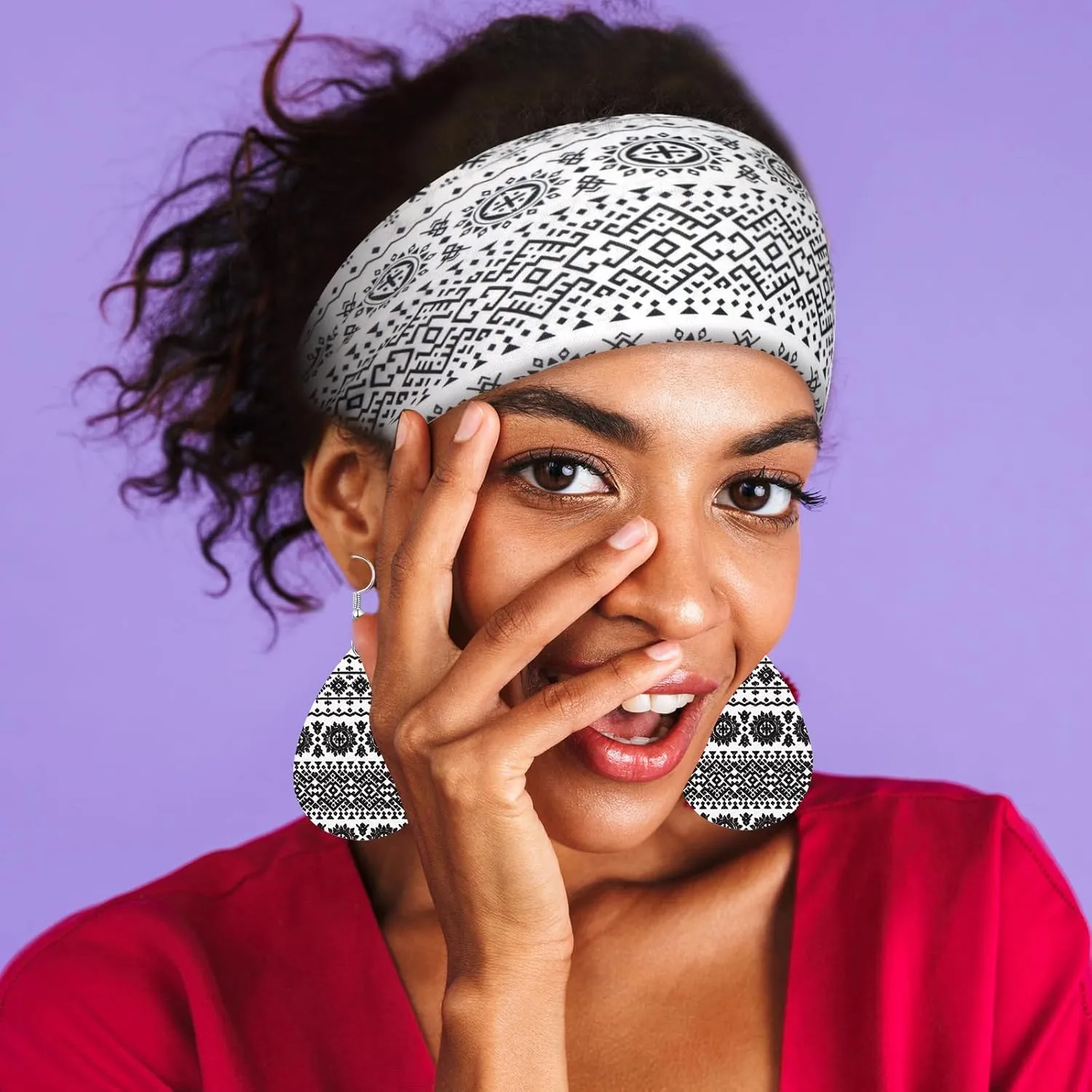 WILLBOND 4 Pcs African Headband with 4 Pcs African Faux Leather Earrings for Woman,African Boho Print Headband Head Wrap African Jewelry Sets for Women (Retro Pattern)