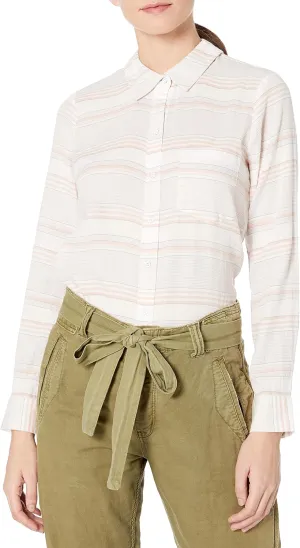 William Rast Women's Dakota Convertible Button Front Shirt, Linen Sunrise Stripe, Medium