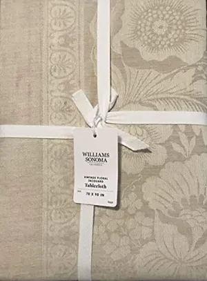 Williams-Sonoma Vintage Floral Jacquard Tablecloth ~70" x 108”~ Natural