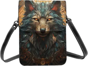 Wolf Moon Phase Boho Space Cool Leather Small Crossbody Bags for Women Cell Phone Bag Wallet Purses with Adjustable Strap