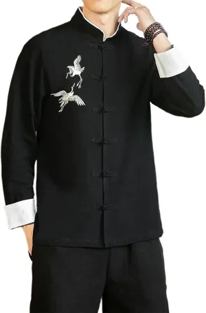 Wolong Chinese Style Men's Tang Suit Hanfu Long-Sleeved Linen Kung Fu Shirt Loose Wear Lay Buddhist Zen Clothes Top