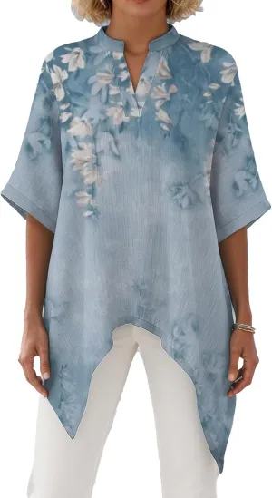 Women Boho Floral Print Asymmetrical Linen Top Dressy V Neck Half Sleeve High Low Tunic Shirt Casual Flowy Work Blouse