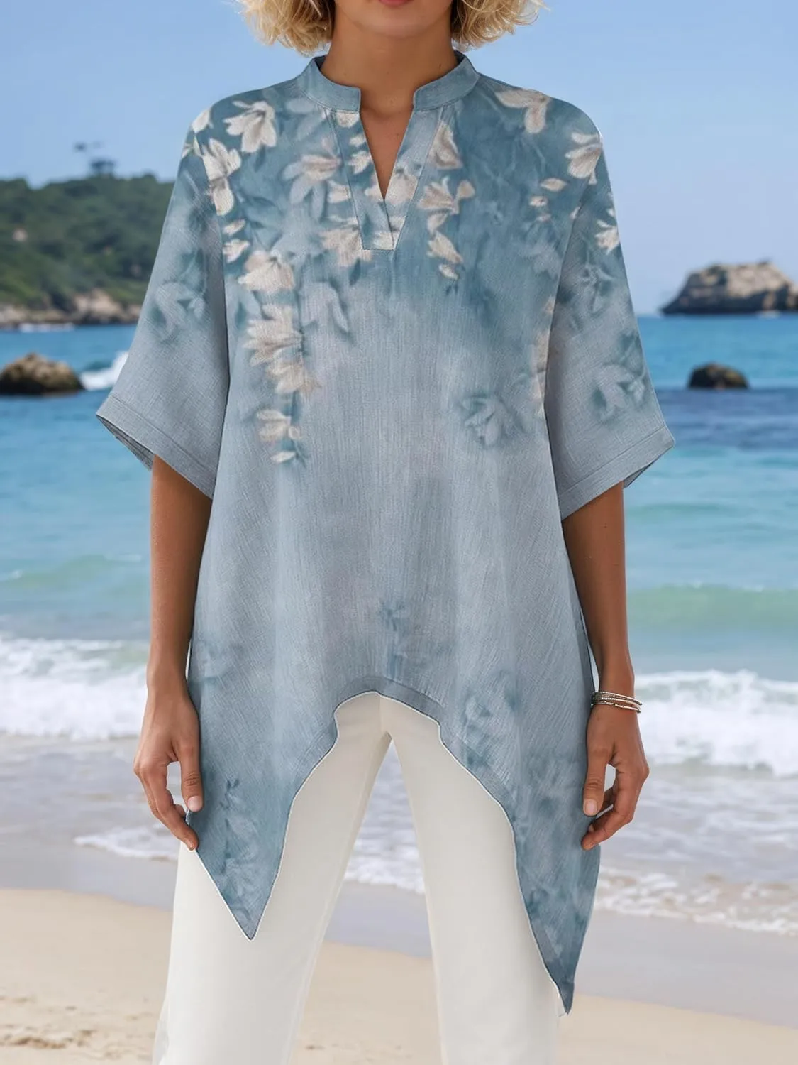 Women Boho Floral Print Asymmetrical Linen Top Dressy V Neck Half Sleeve High Low Tunic Shirt Casual Flowy Work Blouse