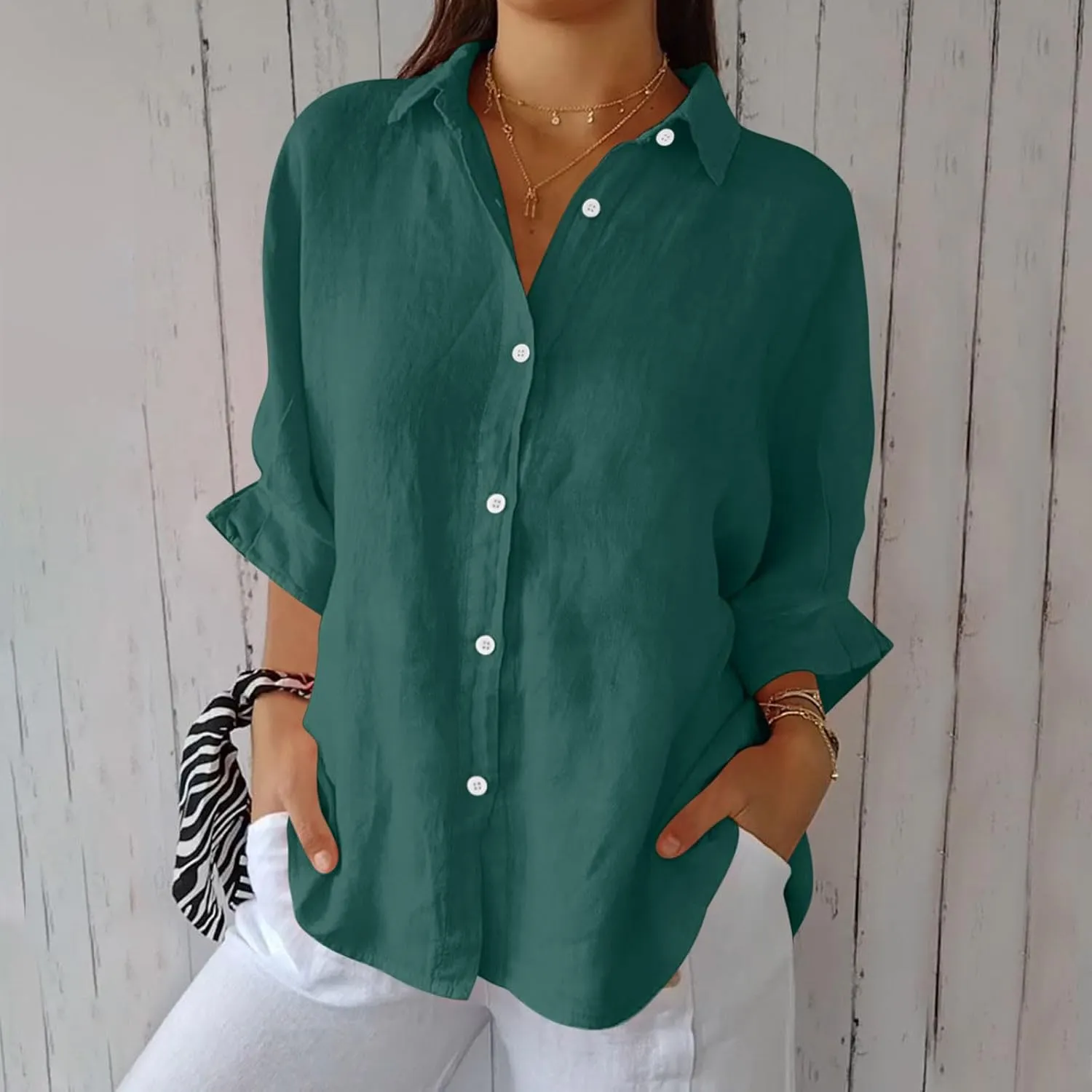 Women Button Down Shirts Cotton Linen Blouse Tops 3/4 Sleeve Gauze Collar Shirt Tunic Loose Fit Fashion Trendy Clothes