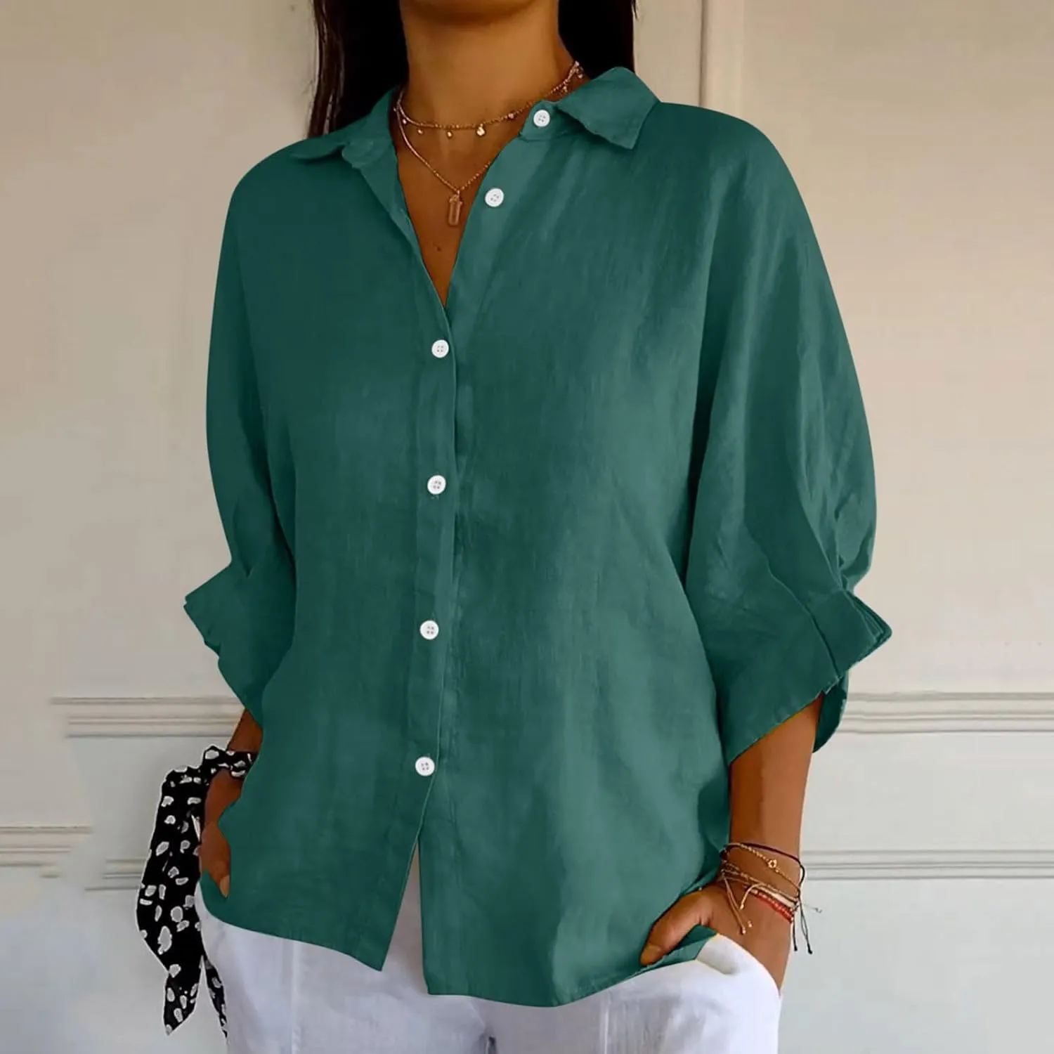 Women Button Down Shirts Cotton Linen Blouse Tops 3/4 Sleeve Gauze Collar Shirt Tunic Loose Fit Fashion Trendy Clothes