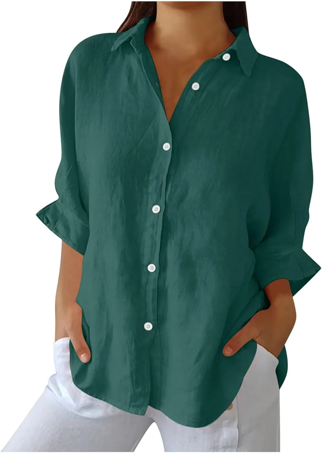 Women Button Down Shirts Cotton Linen Blouse Tops 3/4 Sleeve Gauze Collar Shirt Tunic Loose Fit Fashion Trendy Clothes