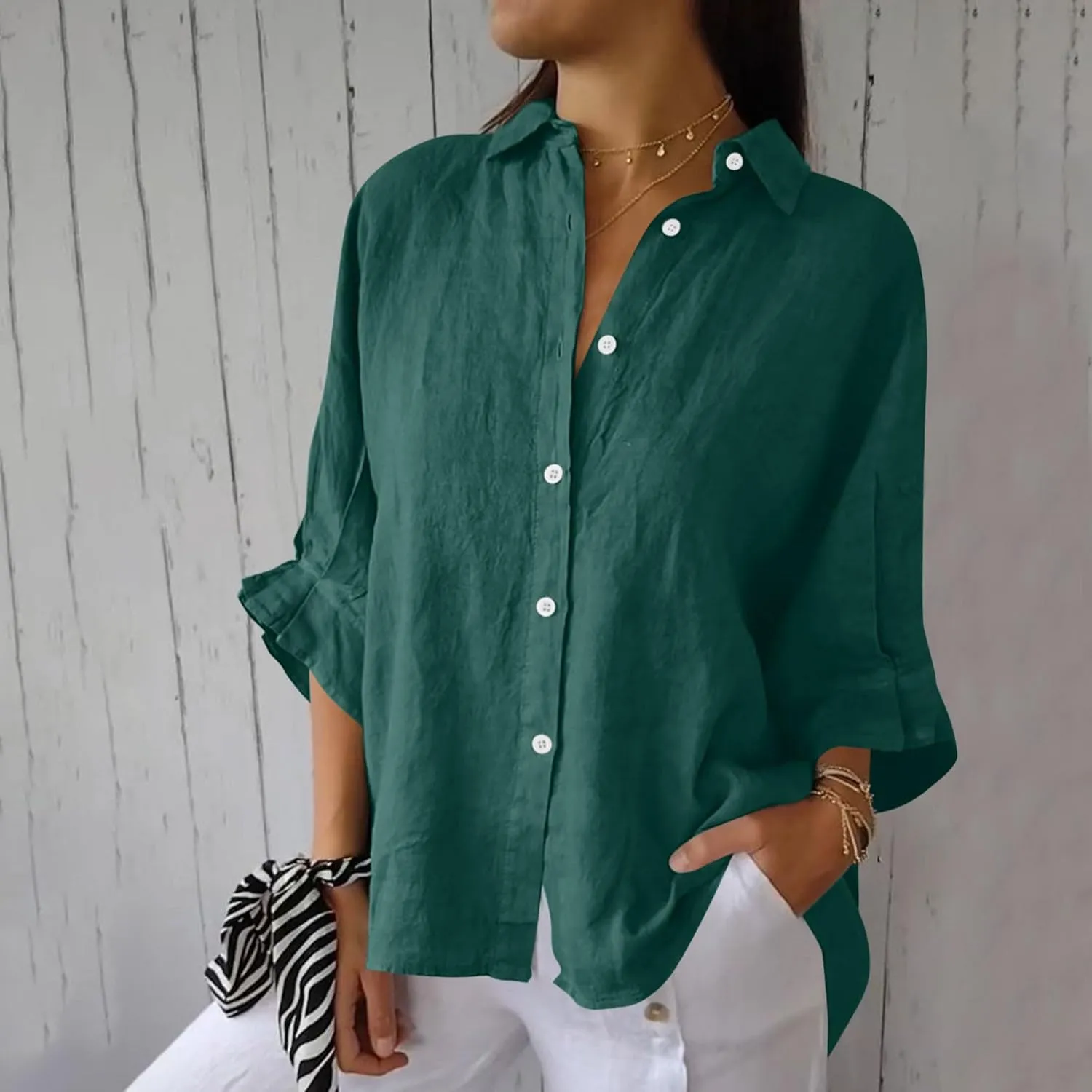 Women Button Down Shirts Cotton Linen Blouse Tops 3/4 Sleeve Gauze Collar Shirt Tunic Loose Fit Fashion Trendy Clothes