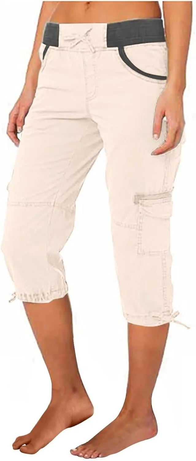 Women Cargo Capris Drawstring Elastic Waist Solid Capri Pants Multi-Pockets Hiking Travel Outdoor Trousers