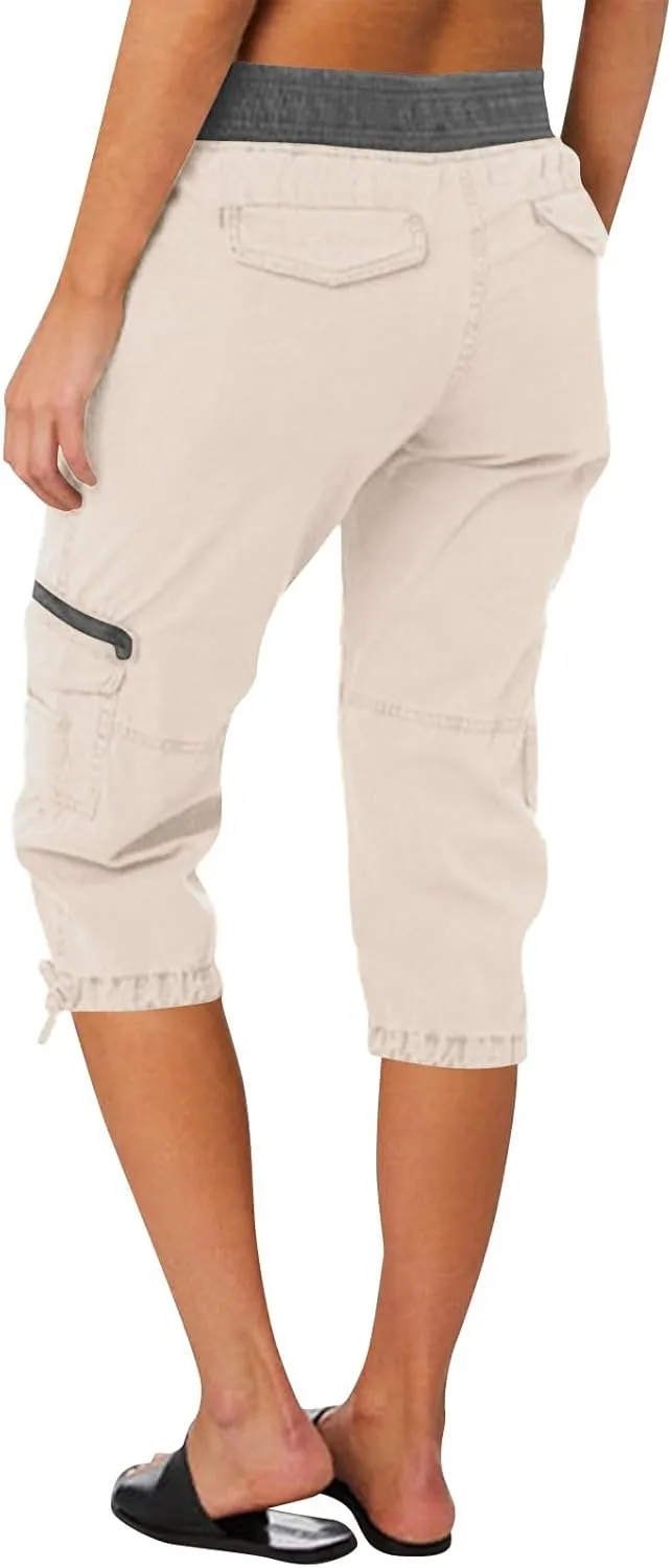 Women Cargo Capris Drawstring Elastic Waist Solid Capri Pants Multi-Pockets Hiking Travel Outdoor Trousers