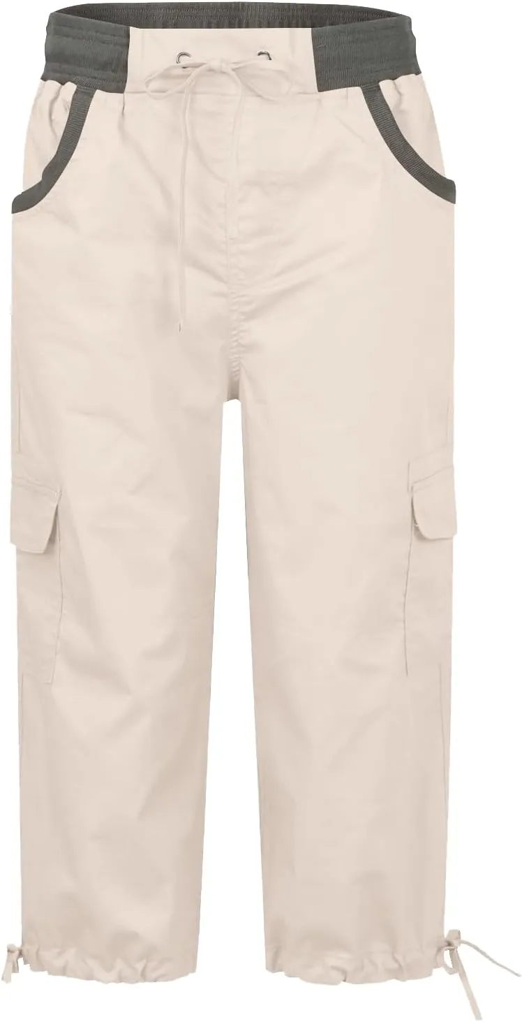 Women Cargo Capris Drawstring Elastic Waist Solid Capri Pants Multi-Pockets Hiking Travel Outdoor Trousers