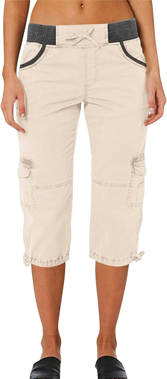 Women Cargo Capris Drawstring Elastic Waist Solid Capri Pants Multi-Pockets Hiking Travel Outdoor Trousers