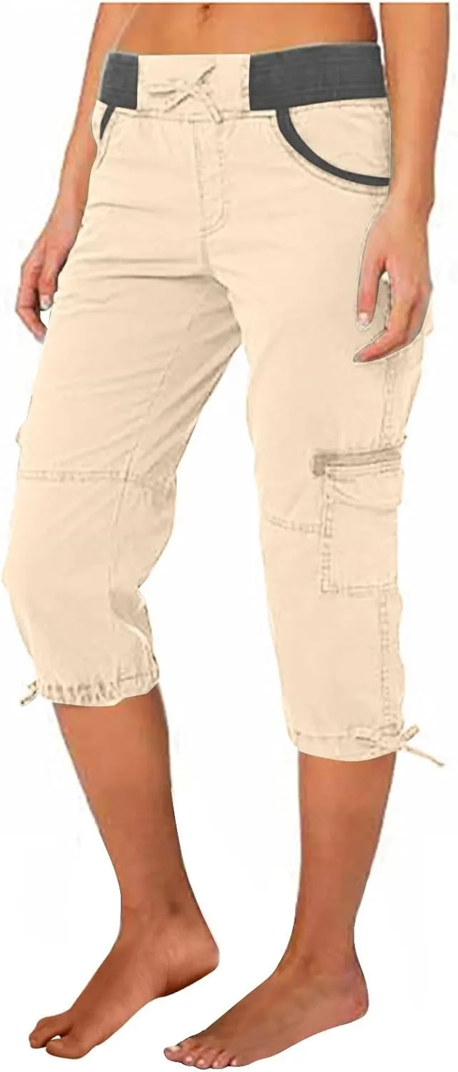 Women Cargo Capris Drawstring Elastic Waist Solid Capri Pants Multi-Pockets Hiking Travel Outdoor Trousers