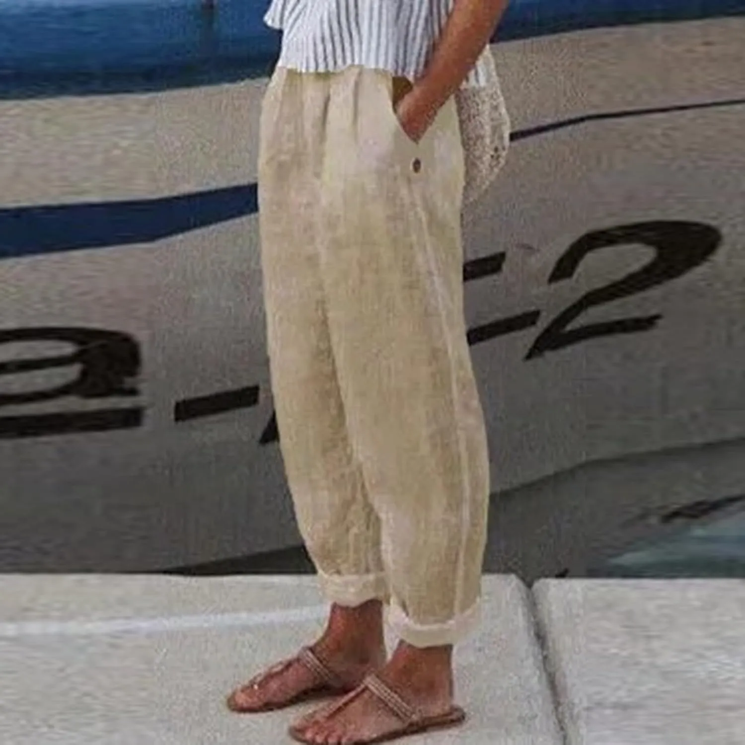 Women Cotton Linen Baggy Pants Summer Drawstring Casual Printed Lounge Pant 2025 Beach Vacation Pant with Pockets