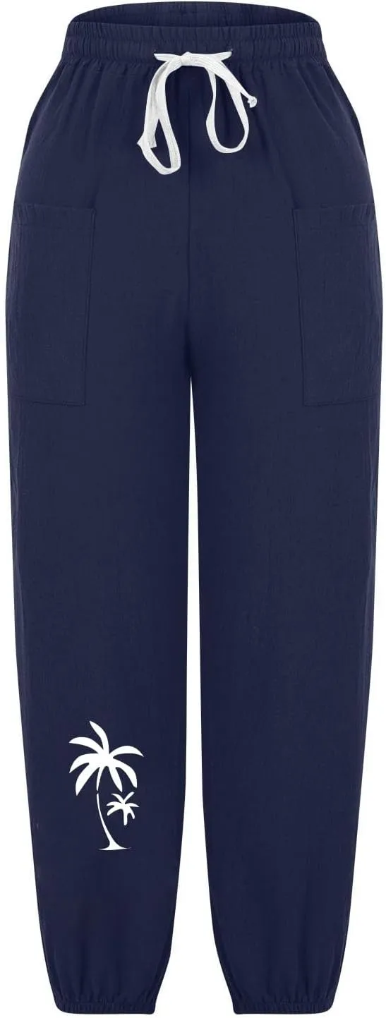 Women Cotton Linen Pants for Summer High Waisted Comfy Loose Casual Pant Trendy Graphic Printed Pants with Pockets