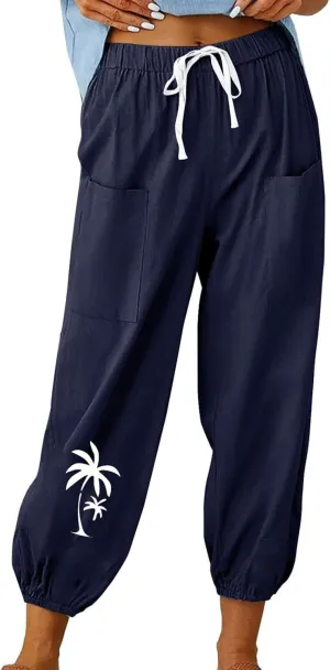 Women Cotton Linen Pants for Summer High Waisted Comfy Loose Casual Pant Trendy Graphic Printed Pants with Pockets