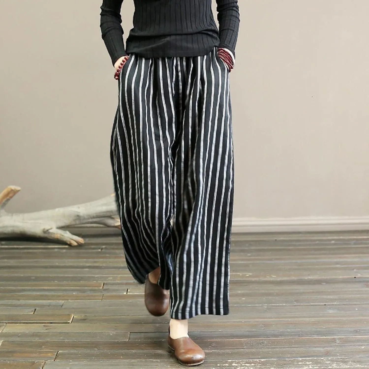 Women Cotton Linen Pants Wide Leg Striped Plus Size Pant High Waist Loose Comfy Trousers Casual Summer Fall Sweatpant