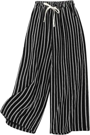 Women Cotton Linen Pants Wide Leg Striped Plus Size Pant High Waist Loose Comfy Trousers Casual Summer Fall Sweatpant