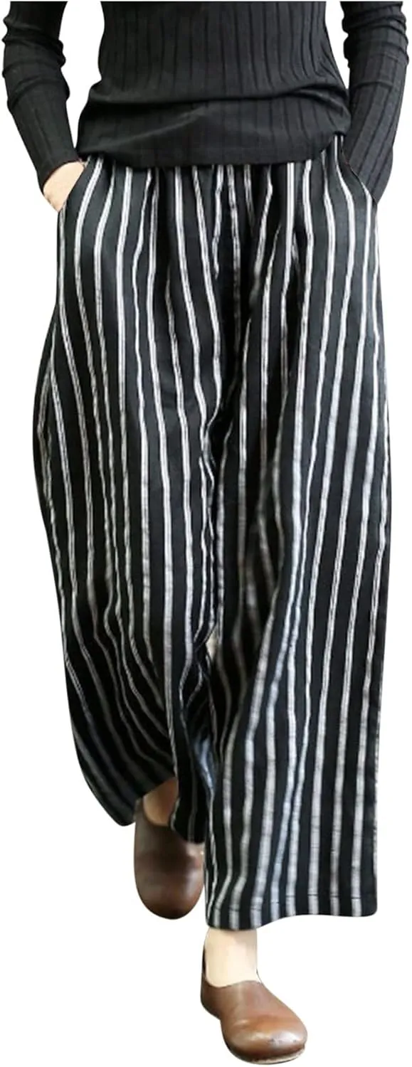 Women Cotton Linen Pants Wide Leg Striped Plus Size Pant High Waist Loose Comfy Trousers Casual Summer Fall Sweatpant