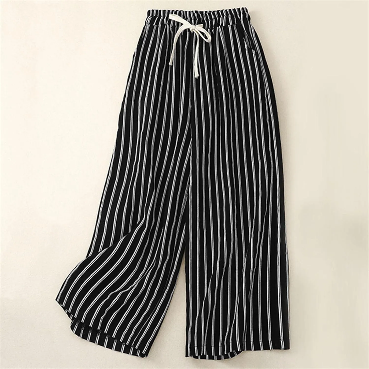 Women Cotton Linen Pants Wide Leg Striped Plus Size Pant High Waist Loose Comfy Trousers Casual Summer Fall Sweatpant