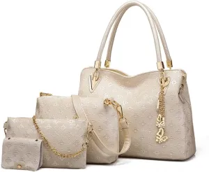 Women Fashion Synthetic Leather Handbags Tote Bag Shoulder Bag Top Handle Satchel Purse with Pendant Set 4pcs Gold