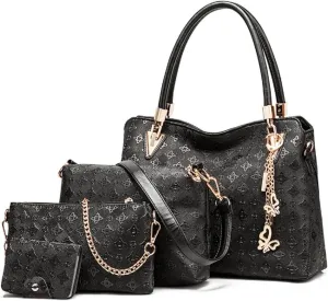 Women Fashion Synthetic Leather Handbags Tote Bag Shoulder Bag Top Handle Satchel Purse with Pendant Set 4pcs Gold