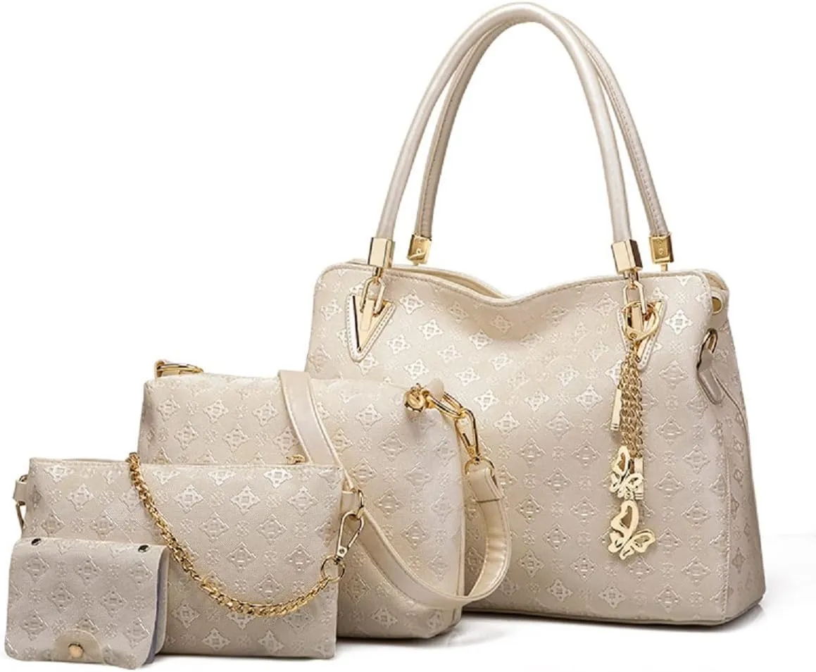 Women Fashion Synthetic Leather Handbags Tote Bag Shoulder Bag Top Handle Satchel Purse with Pendant Set 4pcs Gold