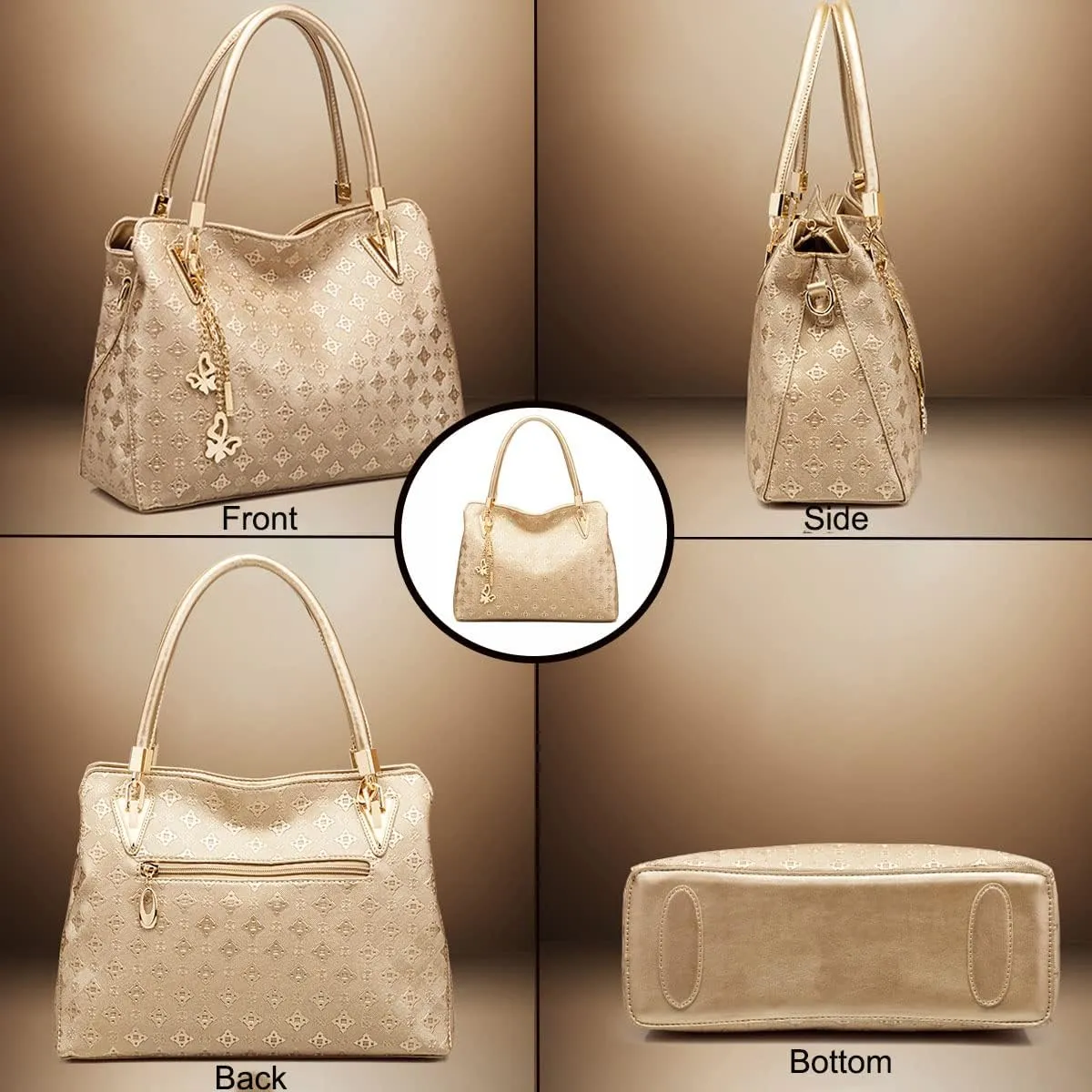 Women Fashion Synthetic Leather Handbags Tote Bag Shoulder Bag Top Handle Satchel Purse with Pendant Set 4pcs Gold