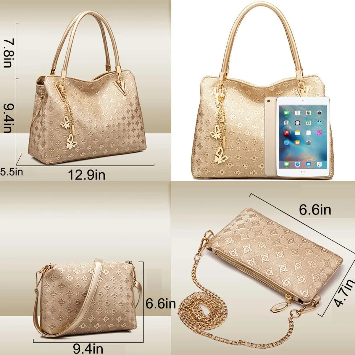 Women Fashion Synthetic Leather Handbags Tote Bag Shoulder Bag Top Handle Satchel Purse with Pendant Set 4pcs Gold
