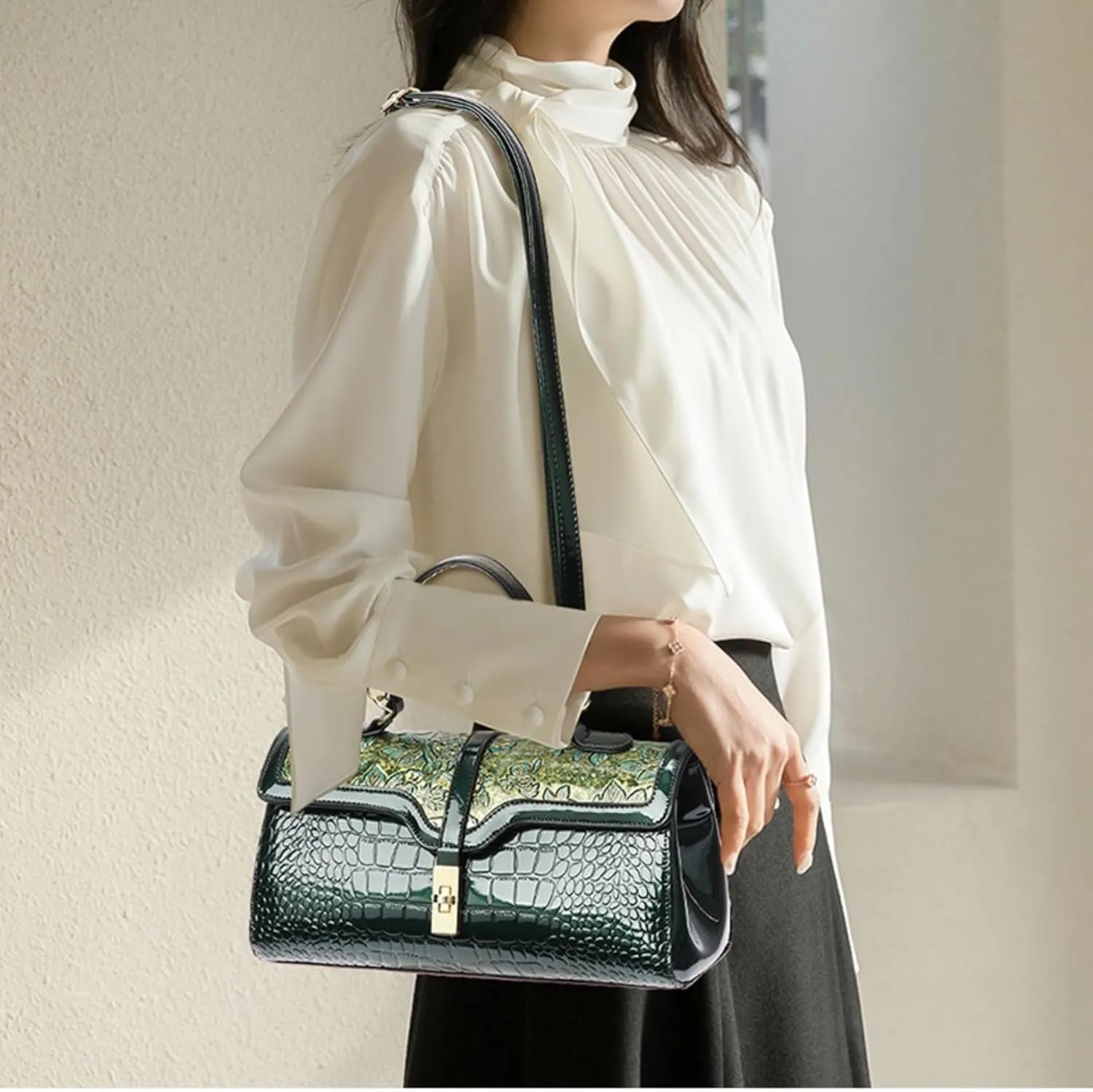 Women Faux Leather Vintage Shoulder Handbag Purse Crocodile Hobo Handbag Satchel Tote Crossbody Bag