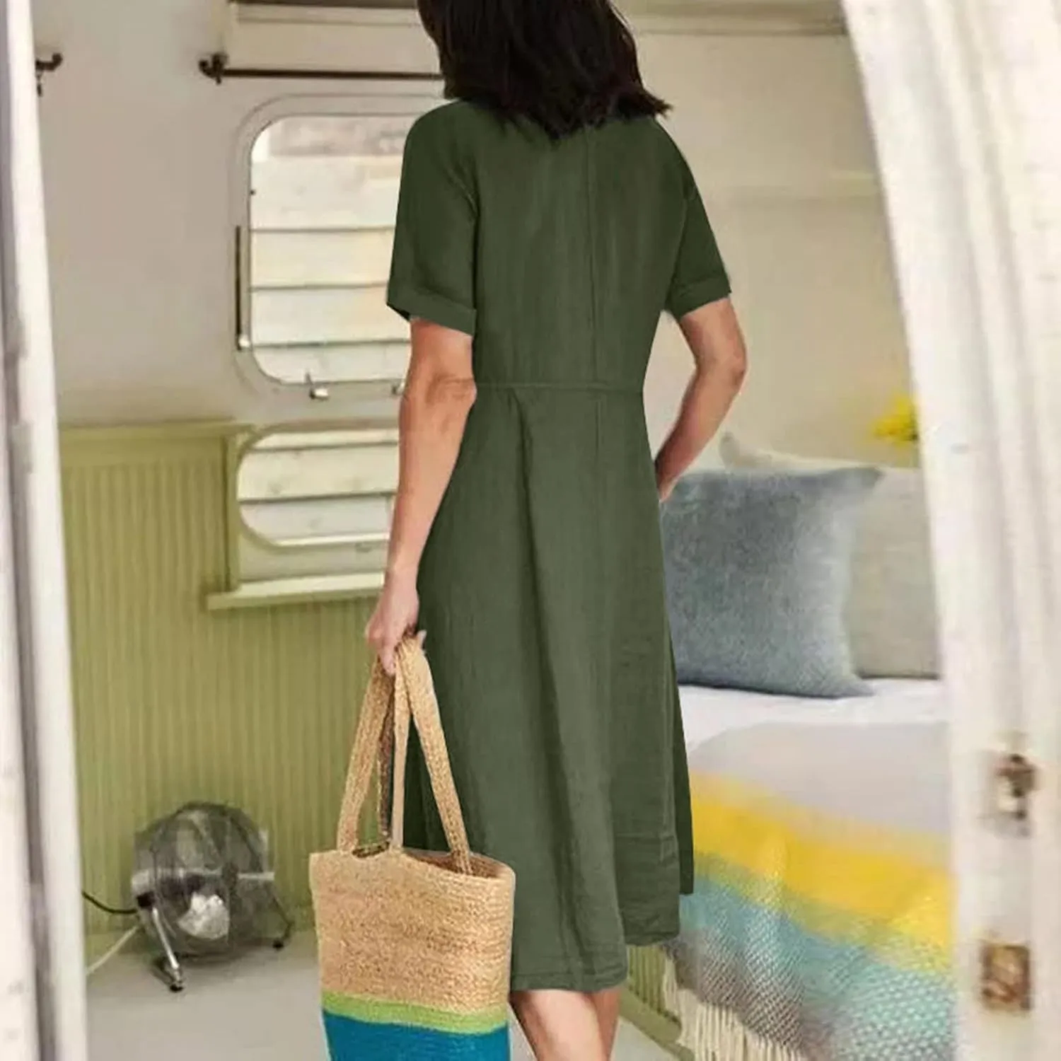 Women Linen Beach Dress Summer Casual Short Sleeve Button Down Long Dress Plus Size Loose Vacation Dress with Pockets
