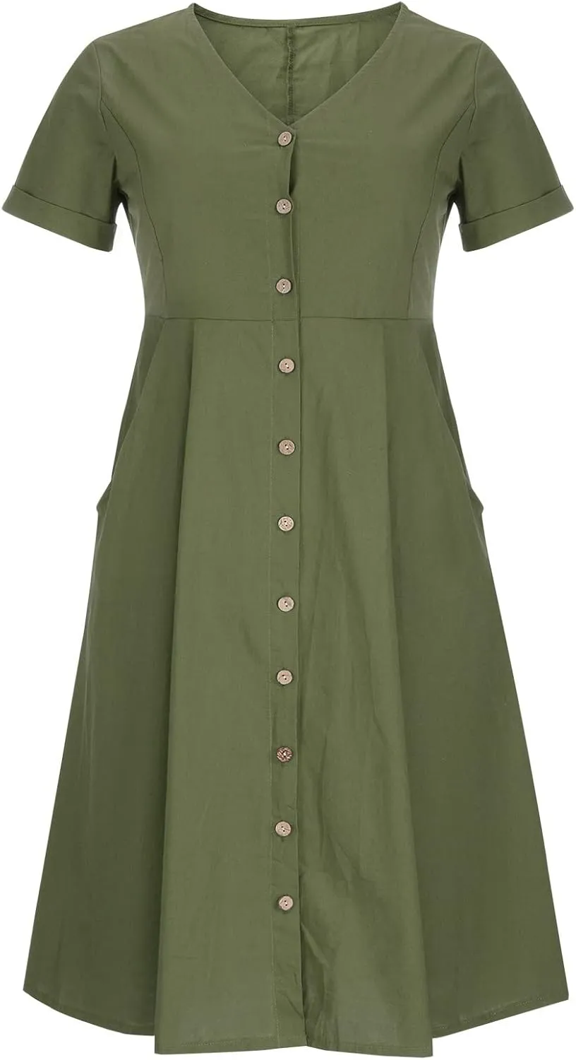 Women Linen Beach Dress Summer Casual Short Sleeve Button Down Long Dress Plus Size Loose Vacation Dress with Pockets