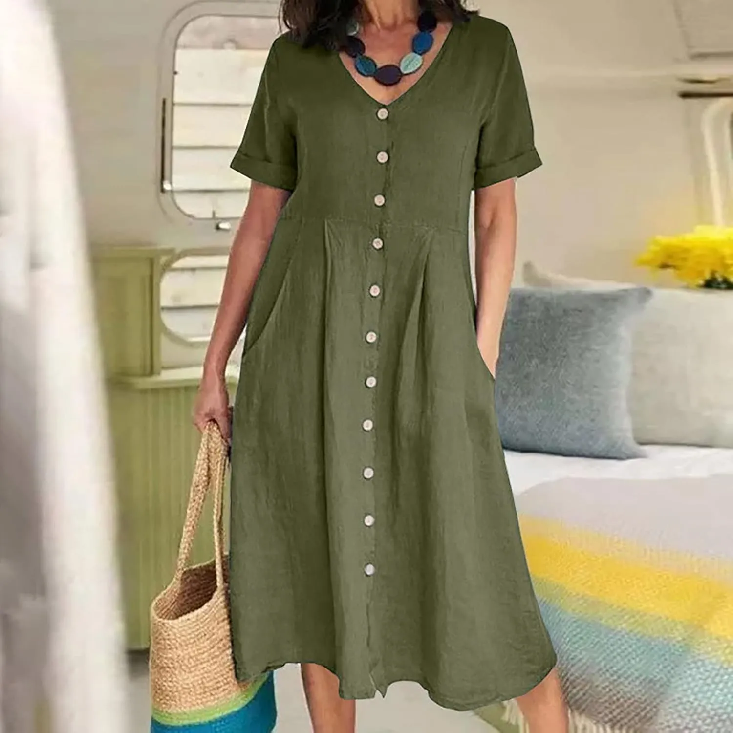 Women Linen Beach Dress Summer Casual Short Sleeve Button Down Long Dress Plus Size Loose Vacation Dress with Pockets