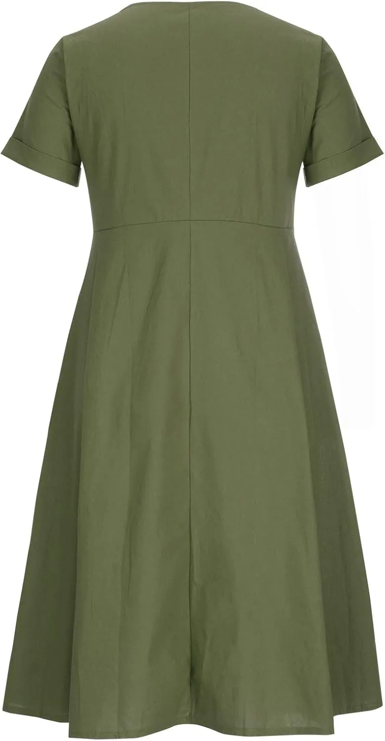 Women Linen Beach Dress Summer Casual Short Sleeve Button Down Long Dress Plus Size Loose Vacation Dress with Pockets
