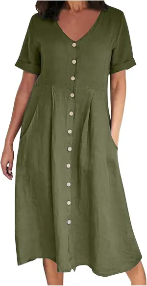 Women Linen Beach Dress Summer Casual Short Sleeve Button Down Long Dress Plus Size Loose Vacation Dress with Pockets