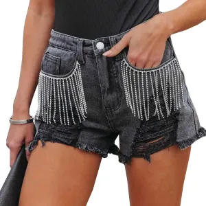 Women Mid Rise Ripped Stretchy Jeans Frayed Raw Hem Casual Tassels Denim Shorts