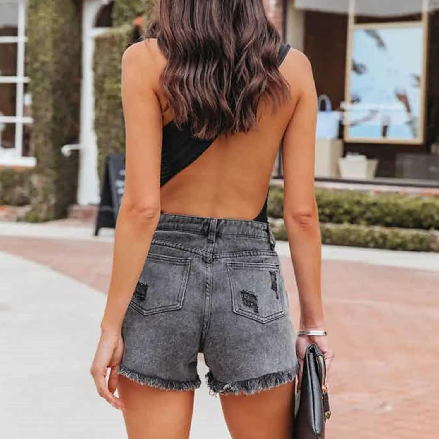 Women Mid Rise Ripped Stretchy Jeans Frayed Raw Hem Casual Tassels Denim Shorts