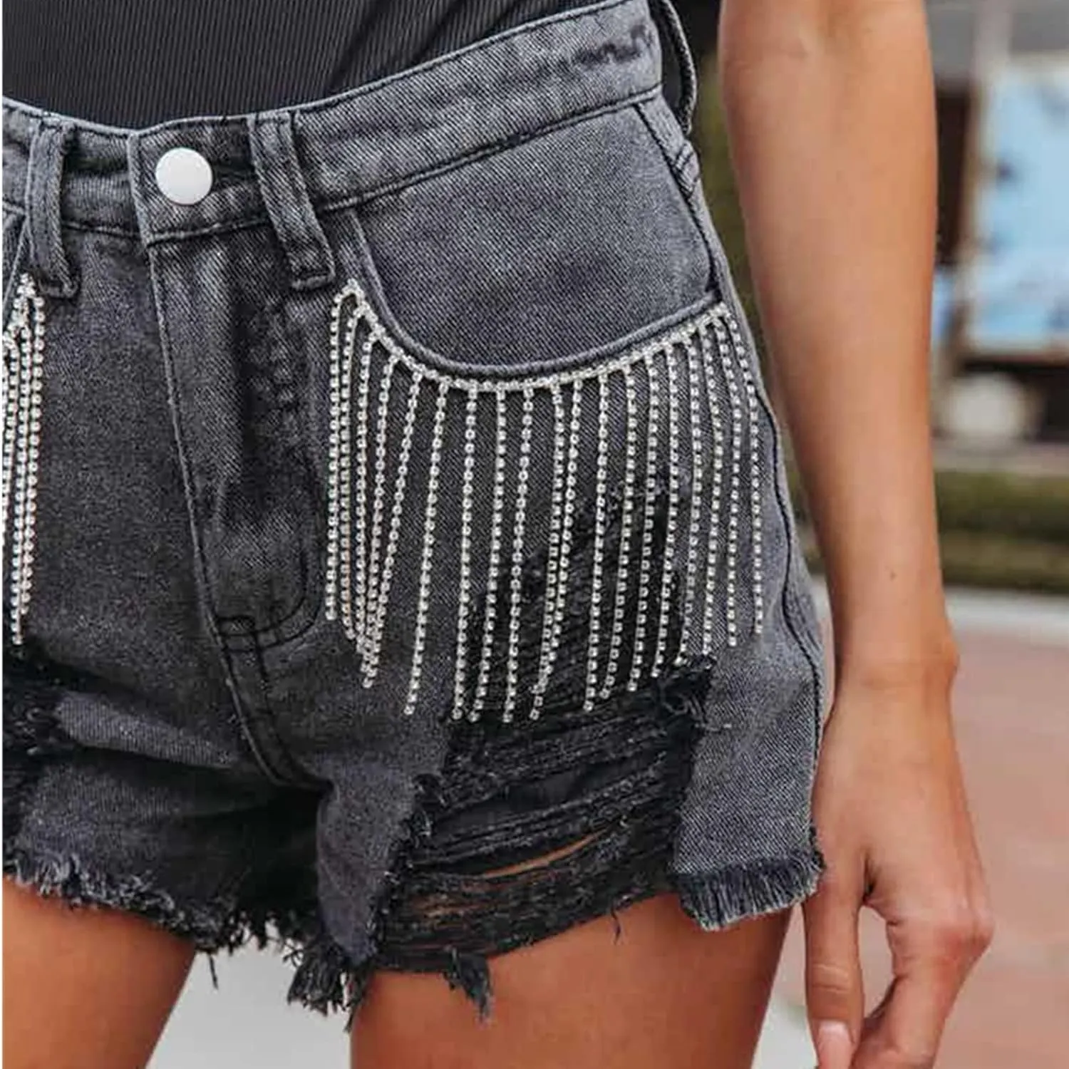 Women Mid Rise Ripped Stretchy Jeans Frayed Raw Hem Casual Tassels Denim Shorts