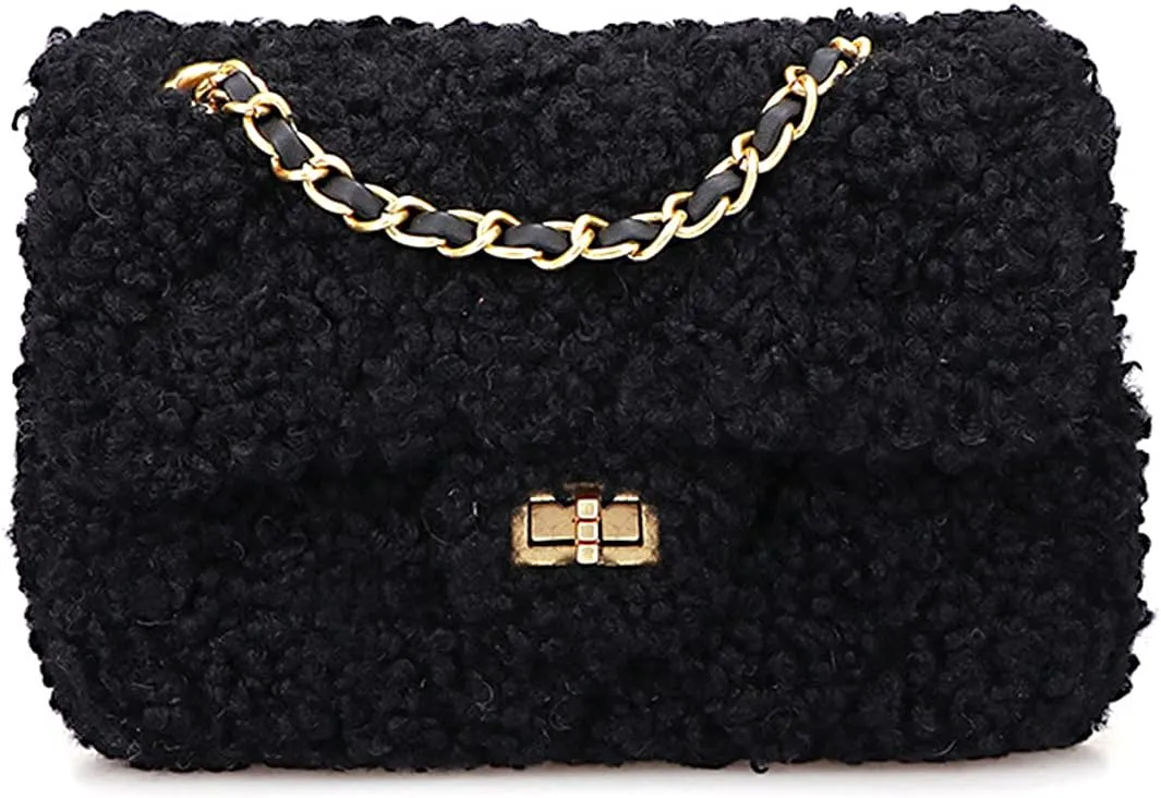 Women Plush Shoulder Bag Fashion Fluffy Crossbody Purse Soft Warm Shopping Dating Bag with Adjustable Chain Strap Indie Cute