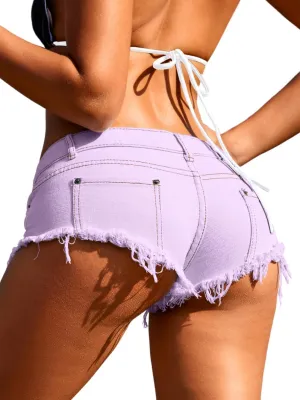 Women Sexy Cowgirl Booty Jean Shorts, Low Rise Mini Ripped Cheeky Jeans, Denim Hot Pants Beach Outfits Rave Festival
