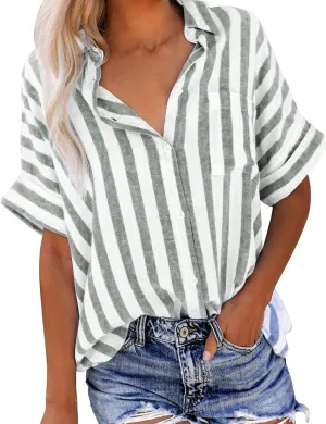 Women Striped Button Down Shirts Cotton Linen Blouse Tops Short Sleeve Collar Guaze Shirt Trendy Vacation Work Clothes